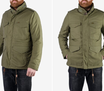 Channel-Your-Inner-Taxi-Driver-with-Iron-Heart's-Quilt-Lining-M65-Field-Jacket-front-side-and-front-model