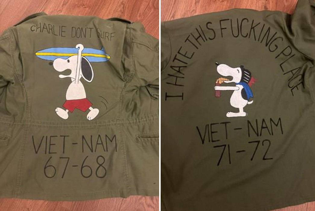Peanuts-Pt.-2-Caption--Original-hand-painted-Vietnam-M65-Jacket-and-Military-Shirt-via-Leon-Cerrone