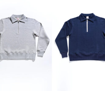 Velva-Sheen's-Loopwheeler-Half-Zips-are-Made-in-Japan-white-and-blue-front