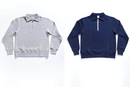 Velva-Sheen's-Loopwheeler-Half-Zips-are-Made-in-Japan-white-and-blue-front
