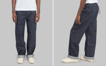 Samurai-Strikes-with-Wide-Chinos-Made-of-15-oz.-Texas-Cotton-Selvedge-Denim-front-and-back-side-model