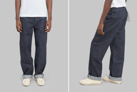 Samurai-Strikes-with-Wide-Chinos-Made-of-15-oz.-Texas-Cotton-Selvedge-Denim-front-and-back-side-model