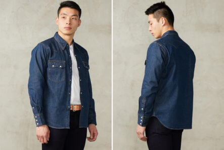 Studio-D'Artisan's-Latest-Western-Shirt-is-Made-of-12.8-oz.-Natural-Indigo-Selvege-front-and-back-side-model