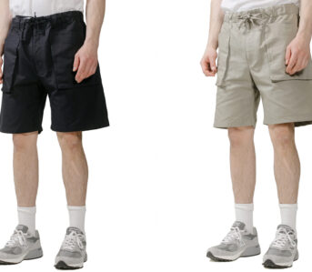 Arpenteur-Sews-Up-Its-Cargo-Shorts-in-Cotton-Linen-Gabardine-black-and-beige-front-model