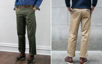 Kiriko's-Original-Officer-Trousers-Have-Gorgeous-Indigo-Detailing-green-front-and-beige-back-model
