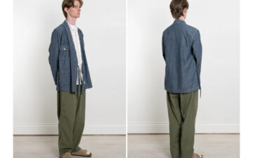 Universal-Works'-Latest-Okayama-Work-Jacket-Blends-Chambray-Shirting-&-Noragi-Jackets-front-and-back-side