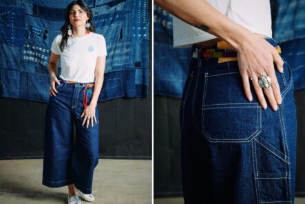 Ginew-Drops-Womens-Cropped-Carpenters-Made-From-Deadstock-Denim-front-and-side-model
