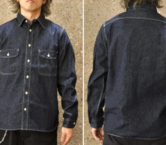 Samurai-Jeans-Renders-Classic-Work-Shirt-in-10-oz.-Neppy-Selvedge-Deim-front-and-back-model