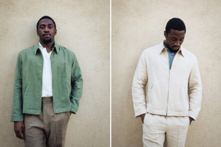 American-Trench-Deploys-French-Linen-to-Produce-the-Ultimate-Summer-Blouson-green-and-white-front-model