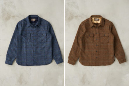 Freenote-Cloth-x-Division-Road-Benson-Shirts-in-Abraham-Moon-Shetland-Estate-Tweed-blue-and-brown-front